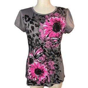 Ever Blue Women’s Y2K Fitted Flower Print T-Shirt Top size L Artsy Grunge